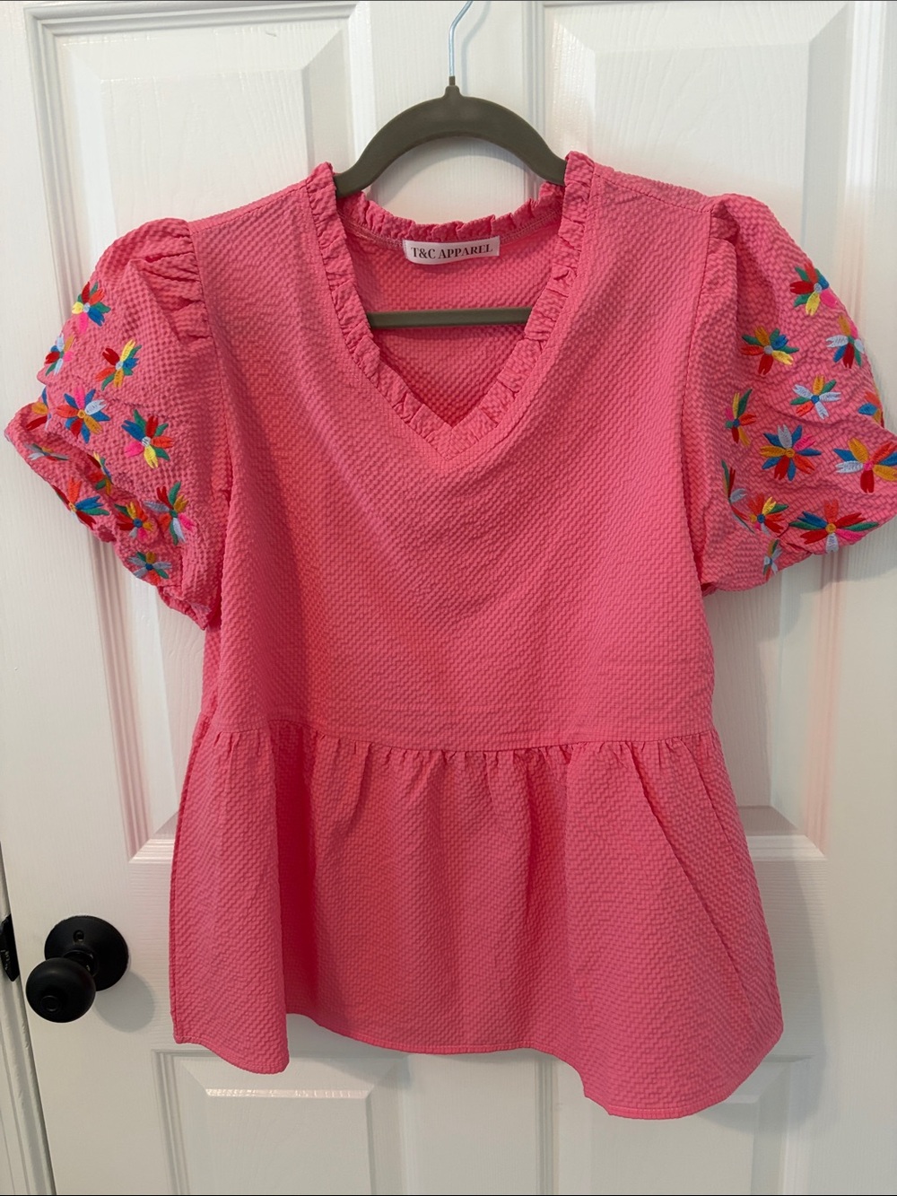Pink Puff Sleeve V-Neck Peplum Top